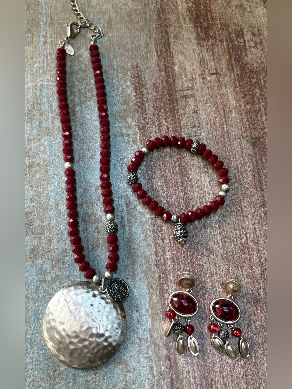 Chico’s Red Jade Beaded Pendant, Bracelet, and Earrings Set